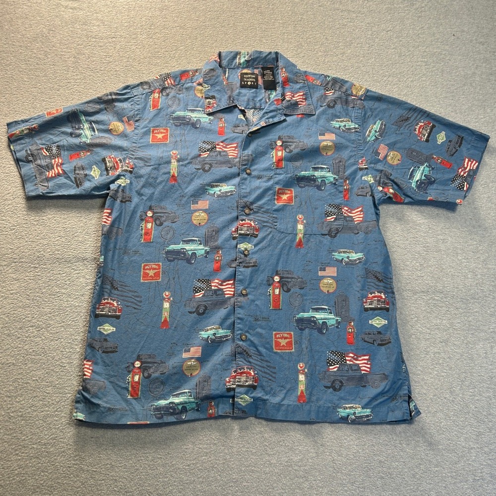 Cotton Traders Sport Button Up Shirt Mens Large Blue Americana Cars Flag Novelty
